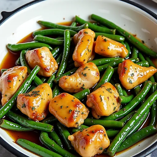 Close-up of a plate featuring Low-Carb Garlic Chicken with Green Beans, garnished with parsley.