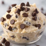 Close-up of Greek yogurt cookie dough with chocolate chips and rolled oats, illuminated by natural light.