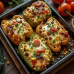 Close-up view of vibrant stuffed bell peppers filled with rice and vegetables, garnished with fresh cilantro.