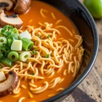 A close-up of a steaming bowl of Vegan Spicy Miso Ramen with vibrant vegetables and tofu.