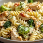Close-up shot of high protein rotisserie chicken broccoli pasta with cherry tomatoes and basil.