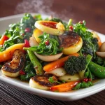 Close-up of sautéed vegetables including bell pepper, zucchini, broccoli, and snap peas in a warm, inviting setting.