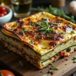 Close-up of a layered zucchini lasagna with melted cheese, fresh basil, and colorful vegetables.