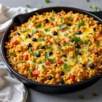 Close-up of a Vegetarian Mexican Rice Casserole with colorful ingredients, set in a warm atmosphere.