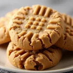 Close-up shot of freshly baked peanut butter cookies, showcasing a golden-brown texture.