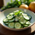 Close-up of a creamy cucumber salad topped with Greek yogurt dressing and fresh dill.