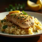 Close-up of Slow Cooker Lemon Herb Chicken served with rice and garnished with parsley.
