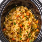 Close-up shot of creamy Crab Dip in a Crockpot, surrounded by bread for dipping.
