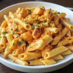 Close-up shot of creamy Buffalo Chicken Pasta with shredded chicken and cheese.