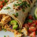 A close-up view of a Chicken Avocado Wrap filled with shredded chicken, avocado slices, and fresh vegetables.