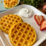 Close-up shot of golden-brown carrot waffles topped with melted cheese, with a soft blurred background.