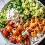 Close-up of a colorful Buffalo Chicken Bowl with rice, chicken, lettuce, and tomatoes.