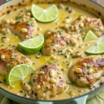 Close-up shot of creamy green chili chicken in a bowl, topped with shredded cheese and cilantro.