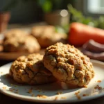 Close-up of freshly baked carrot cake oatmeal cookies, showcasing a textured surface and warm hues.