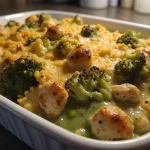 Close-up shot of a chicken and broccoli casserole topped with melted cheese in a warm, inviting setting.