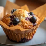 A close-up of fluffy Air Fryer Muffins with a golden-brown top and chocolate chips, set against a soft, blurred background.