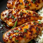 Close-up of glazed Honey Garlic Chicken Breasts with garlic cloves and herbs.