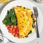 Close-up of a fluffy vegan omelette filled with colorful vegetables.