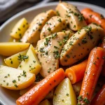 Close-up of a bowl filled with garlic butter chicken and colorful vegetables, including carrots, broccoli, and potatoes.