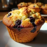 Close-up of freshly baked Air Fryer Blueberry Muffins, showcasing golden tops and visible blueberries.