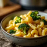 Close-up of Healthy One Pot Broccoli Mac & Cheese, showing creamy texture with broccoli pieces.