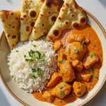 Close-up of a vibrant, creamy Homemade Butter Chicken dish with rich orange sauce and tender chicken pieces.