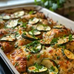 Juicy Savory Chicken Zucchini Bake served in a dish, showcasing golden-brown chicken and vibrant zucchini slices.