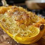 Close-up shot of a juicy spaghetti squash in an oven.
