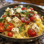 Close-up of baked feta and tomato spaghetti squash, garnished with basil.