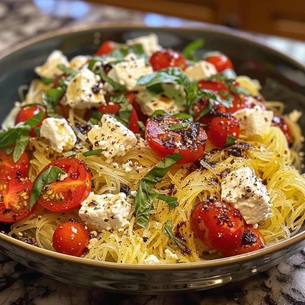Close-up of baked feta and tomato spaghetti squash, garnished with basil.