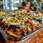Juicy baked ground beef layered with sliced eggplant and melted cheese.