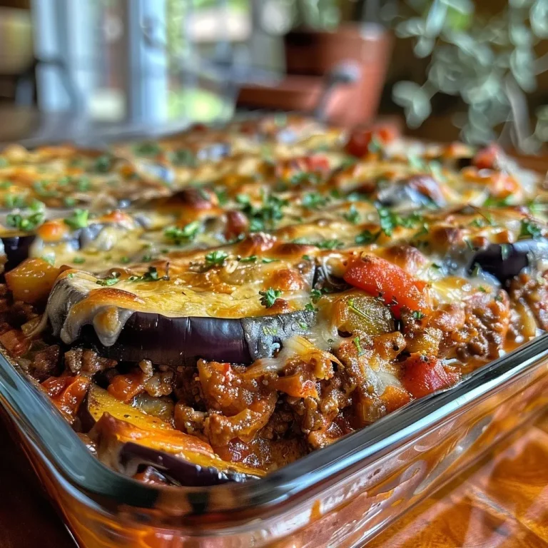 Juicy baked ground beef layered with sliced eggplant and melted cheese.