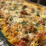 Close-up side view of baked ziti with turkey sausage and spaghetti squash in a dish.