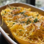 Close-up of a baked spaghetti squash displaying its golden strands topped with fresh herbs.