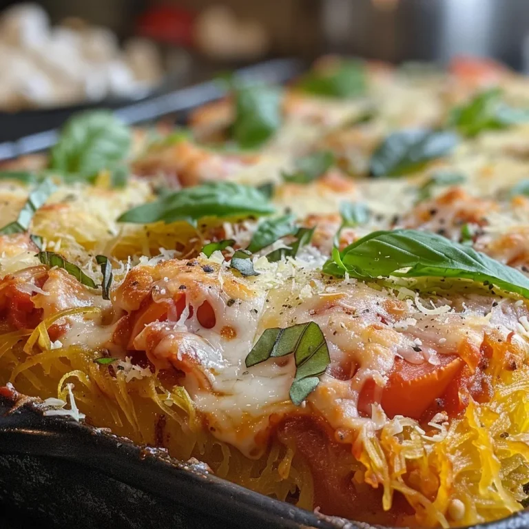 Ignite Your Palate: The Spaghetti Squash Baked Ziti That Dares You to Embrace Flavor Close-up image of baked ziti-style spaghetti squash with melted cheese and basil on top.