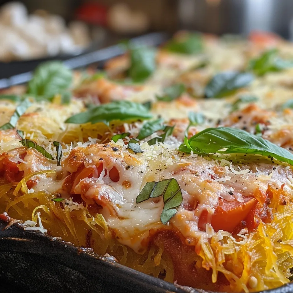 Close-up image of baked ziti-style spaghetti squash with melted cheese and basil on top.
