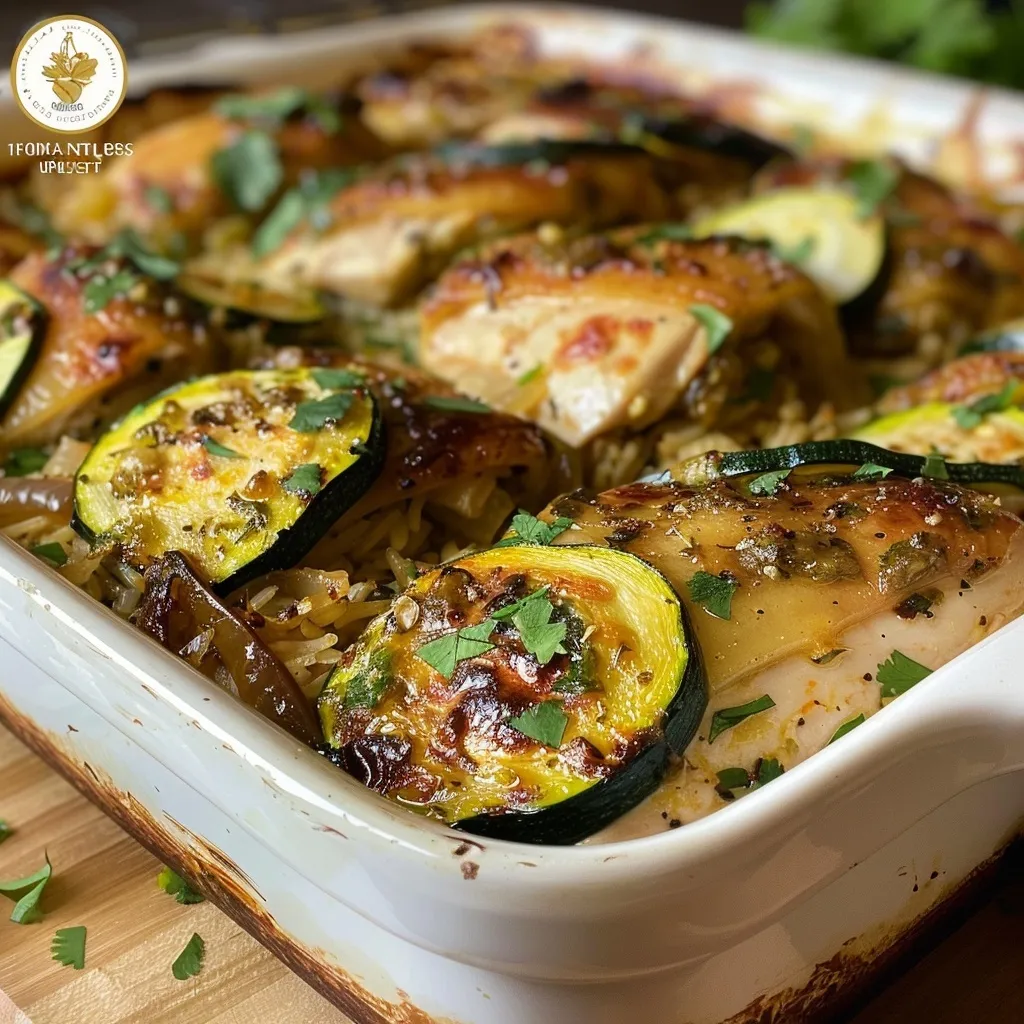 Close-up view of Savory Chicken Zucchini Bake, highlighting tender chicken, fresh zucchini, and garnished with herbs.