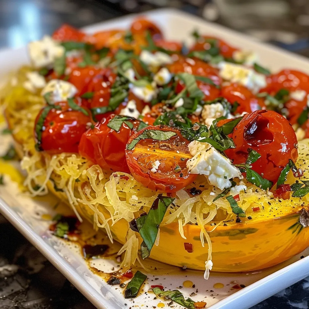 Side view of a bowl filled with baked feta and cherry tomatoes on spaghetti squash.