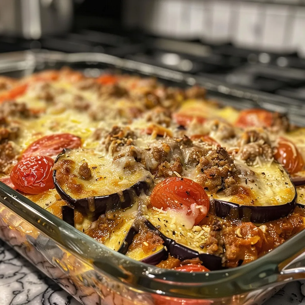 Close-up of baked ground beef and eggplant dish with a golden cheese topping.