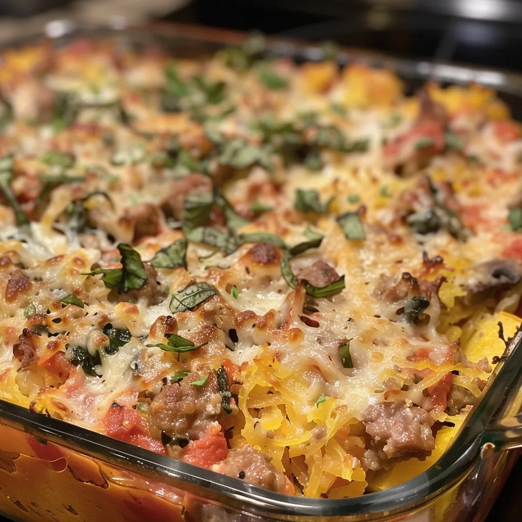 Juicy turkey sausage spaghetti squash baked ziti served in a rustic dish, garnished with herbs.