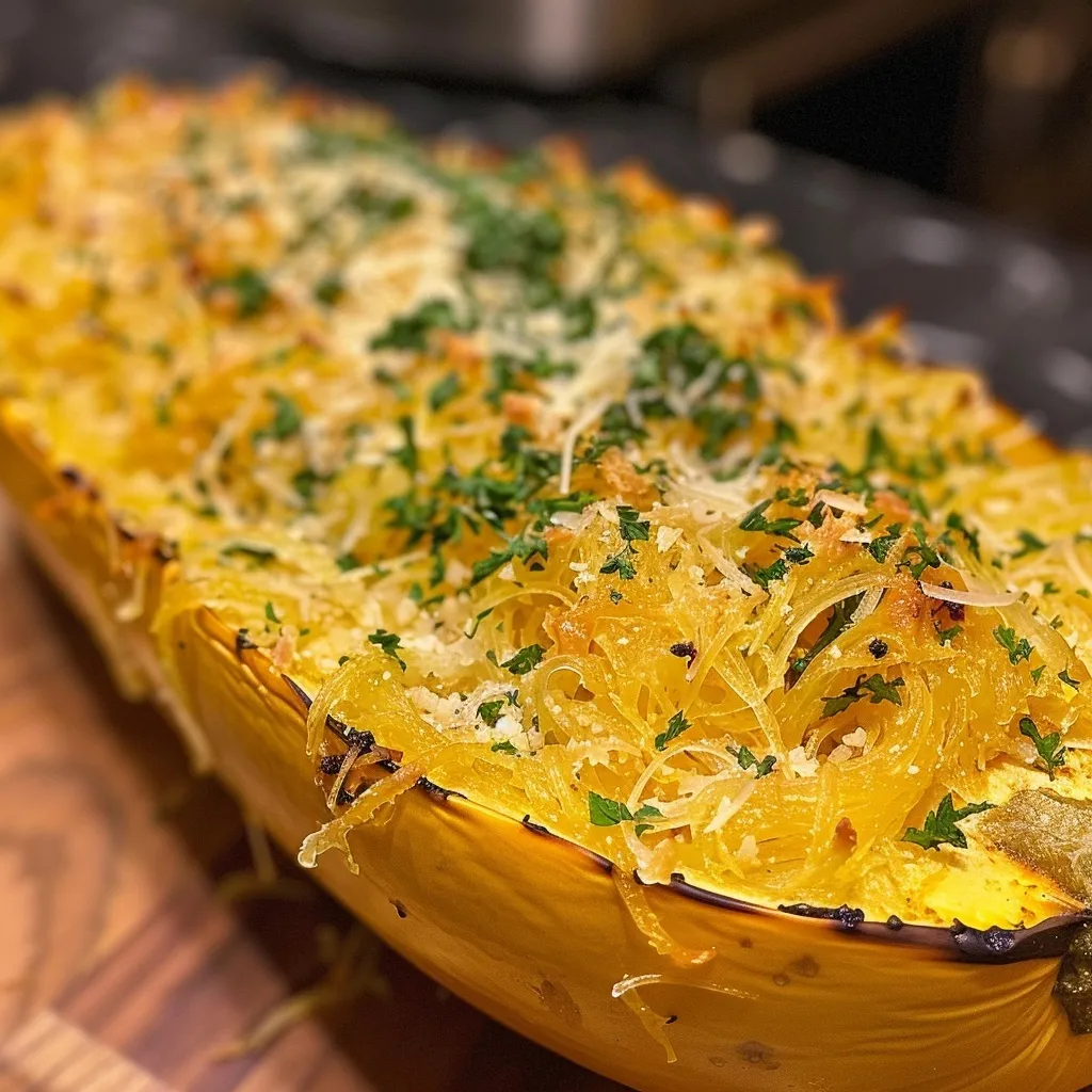 Side view of a juicy spaghetti squash with a glistening texture, garnished with garlic and herbs.