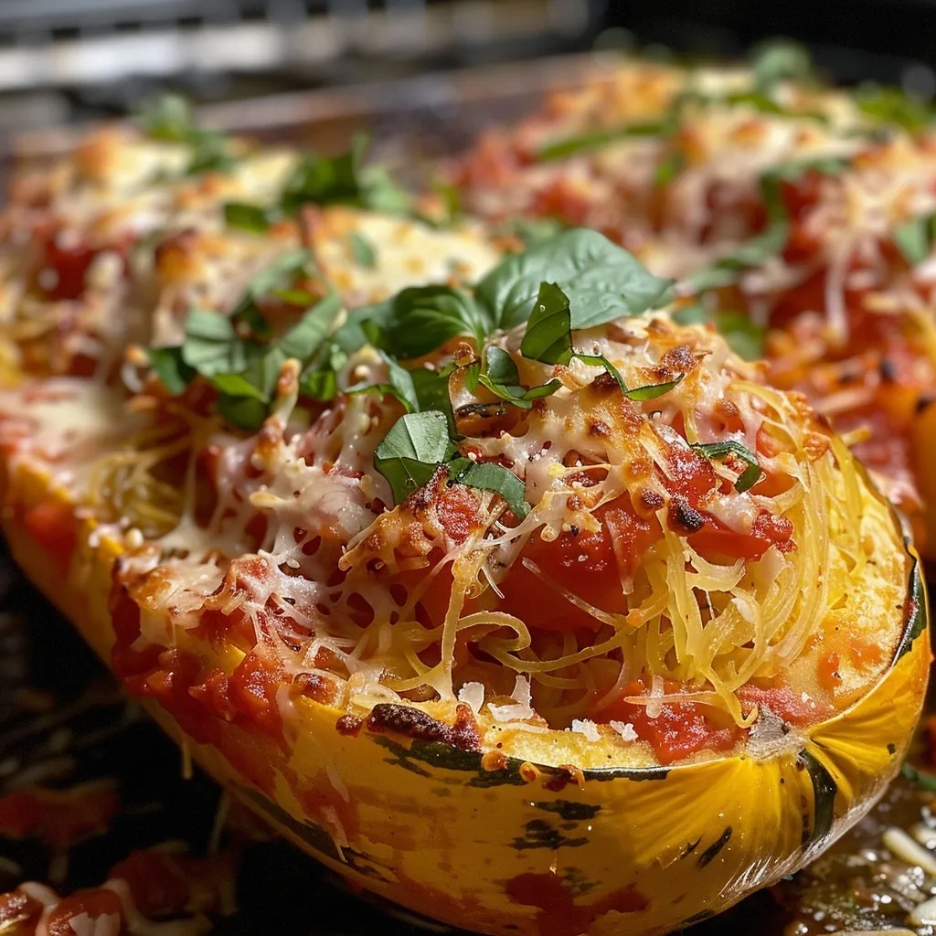 Side view of a serving of baked ziti spaghetti squash, featuring layers of cheese and sauce.