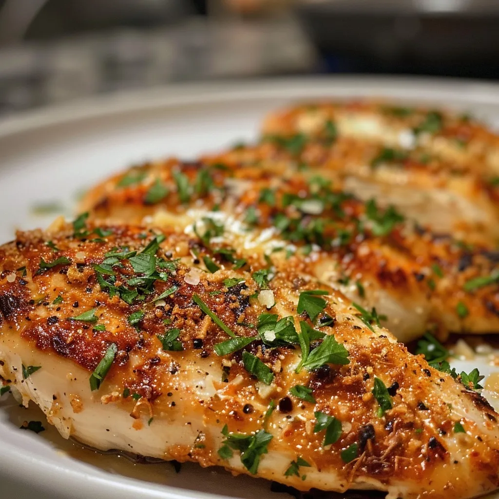 Close-up of tender chicken breasts coated in garlic and Parmesan.