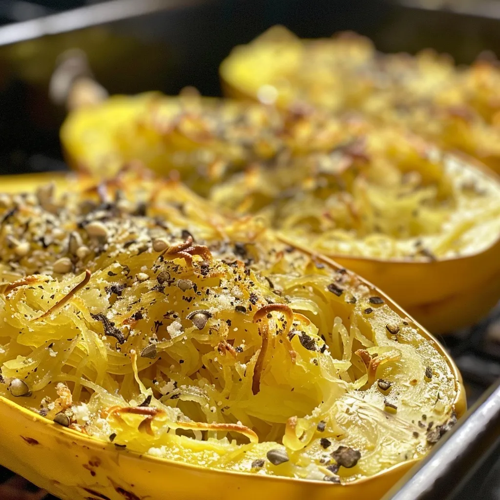Side view of a roasted spaghetti squash, showcasing its golden flesh.