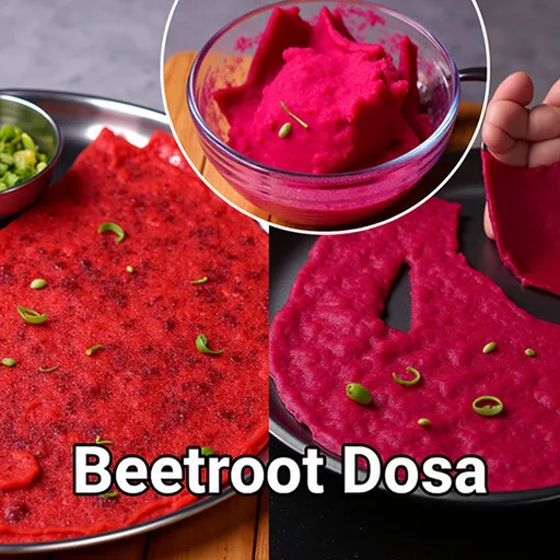Eye-level shot of a beetroot dosa showcasing its texture and color, accompanied by side dishes.