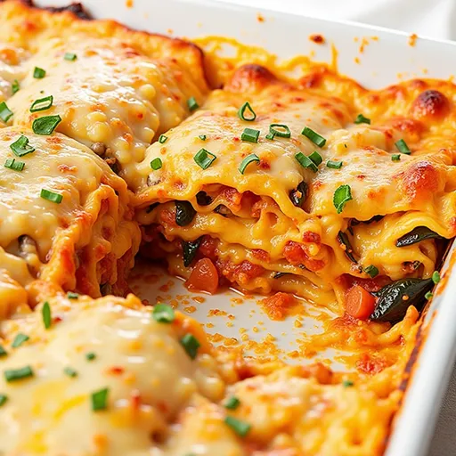 A delicious serving of vegetarian lasagna with layers of cheese and colorful vegetables.