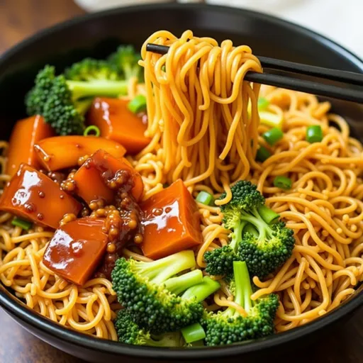 A vibrant bowl of vegan teriyaki noodles showcasing rice noodles and fresh veggies.