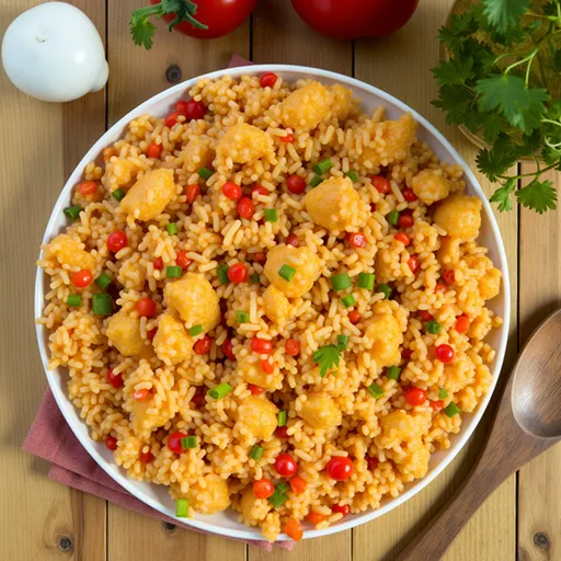 Delicious dish of cooked rice with chicken and vegetables, highlighted with natural light.