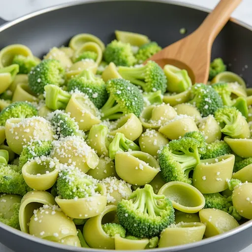 Delicious whole grain pasta mixed with bright green broccoli florets, garlic, and olive oil.
