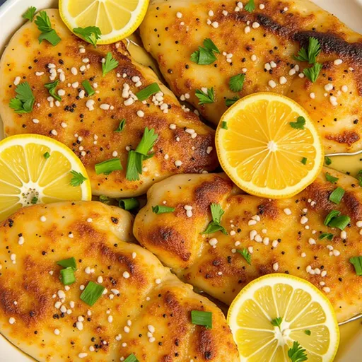 A beautifully arranged lemon chicken breast topped with garlic and lemon sauce, served on a rustic plate.